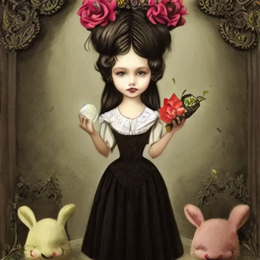 Prompt: a cute victorian girl with rabit, illustration, 8 k, by roby dwi antono, by mark ryden