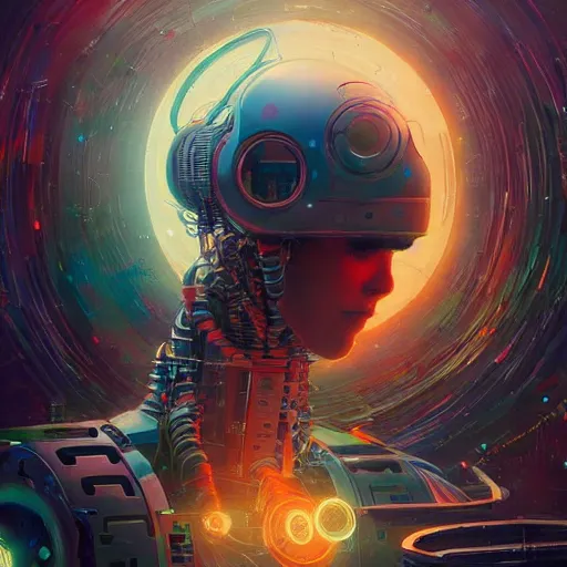 Prompt: colorful illustration of a robot trying to repair the universe, intricate complexity, by greg rutkowski, artgerm, ross tran, conrad roset, takato yomamoto. 4 k, beautiful, cinematic dramatic atmosphere