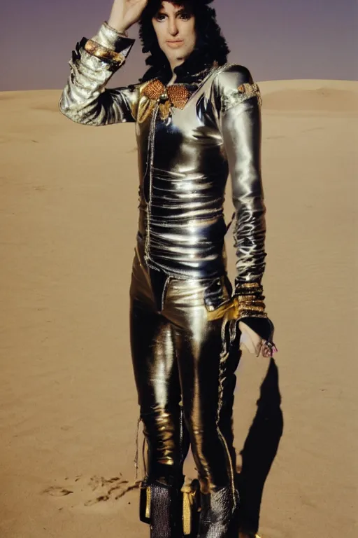 Prompt: portrait davis taylor brown dressed in 1 9 8 1 space fantasy fashion, new wave, shiny metal, standing in a desert
