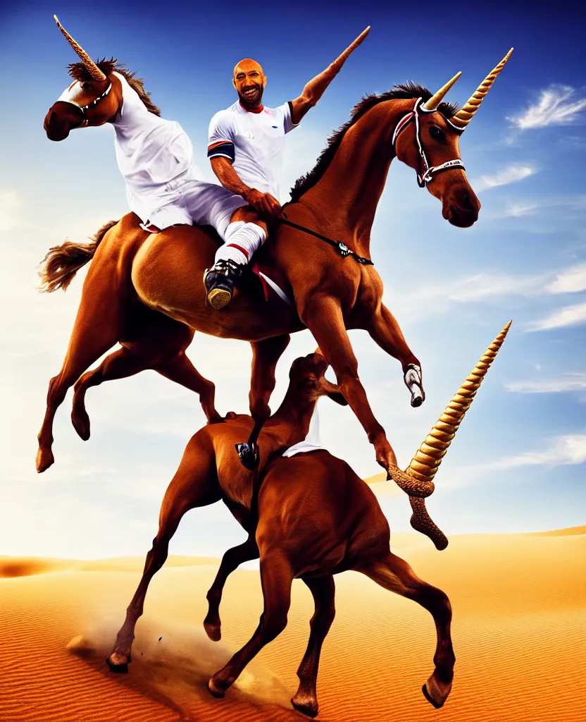 Image similar to thierry henry riding a unicorn in the desert, sharp, details, hyper - detailed, hd, 4 k, 8 k