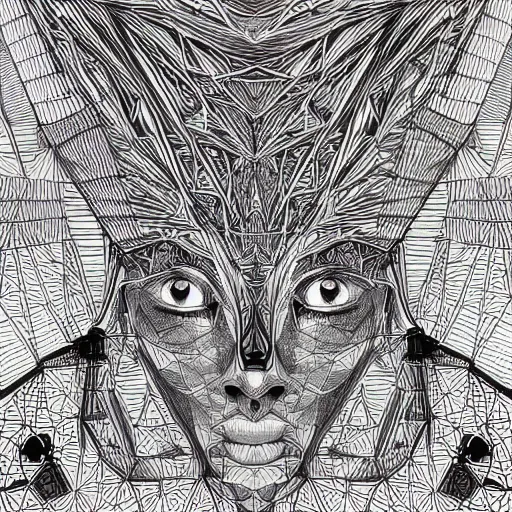 Image similar to Geometrically surreal AI, extremely high detail, photorealistic, intricate line drawings, dotart, album art in the style of James Jean