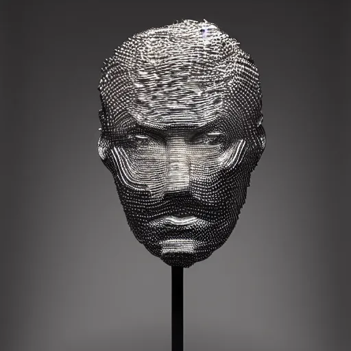 Image similar to sculpture of a head made from stainless steel staples, museum art, high concept, photorealistic, high resolution, dramatic lighting, modern art