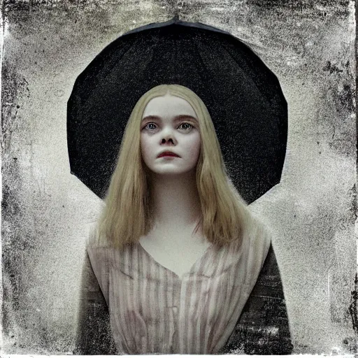 Image similar to a striking esoteric painting of Elle Fanning in the rain, dark, metal, black background, occult, by Grant Wood