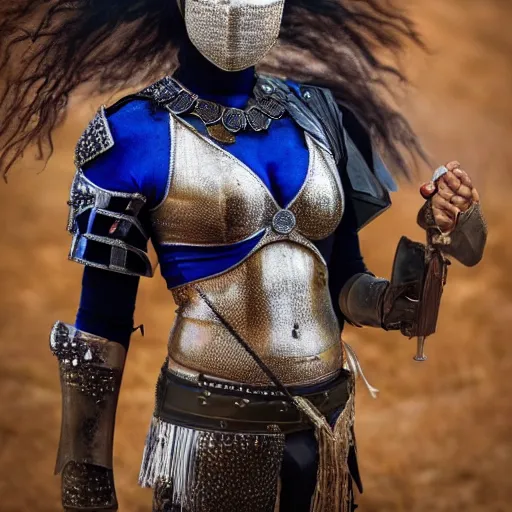 Prompt: photo of female warrior with sapphire encrusted armour