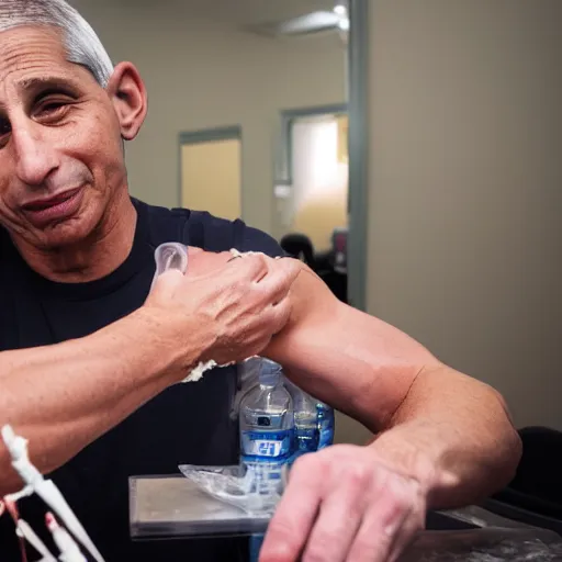 Prompt: A photo of Anthony Fauci injecting heroin into his right arm