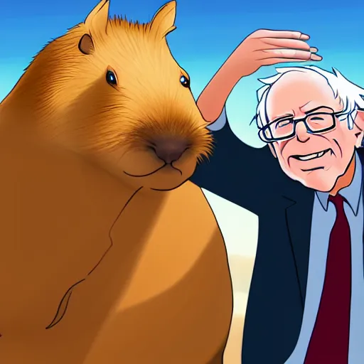 Image similar to Bernie Sanders riding a capybara anime