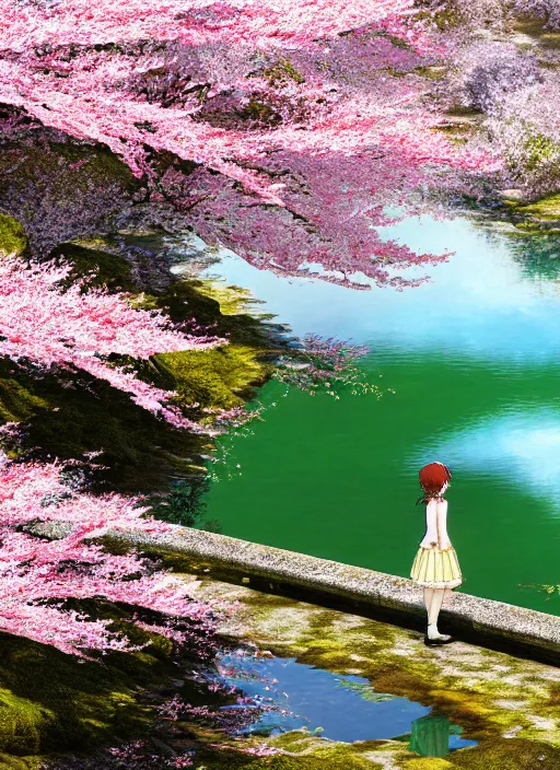 Image similar to The Emerald Herald beside a lake with sparkling water and cherry blossom trees, hidari, color page, tankoban, 4K, tone mapping, Akihiko Yoshida