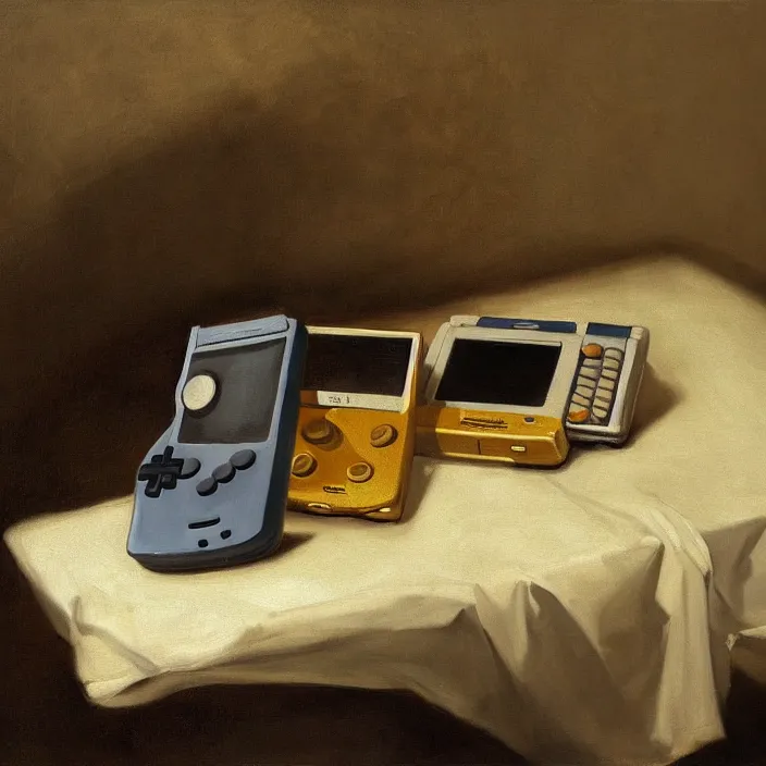 Prompt: still life painting of a gameboy by pieter claesz, oil on canvas, strong lighting, highly detailed, hyper realism, golden hour, god rays, hd, 4 k