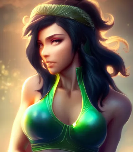 Image similar to beautiful portrait of a gorgeous personal trainer who looks like Palutena , character design by charlie bowater, ross tran, artgerm, and makoto shinkai, detailed, soft lighting, rendered in octane