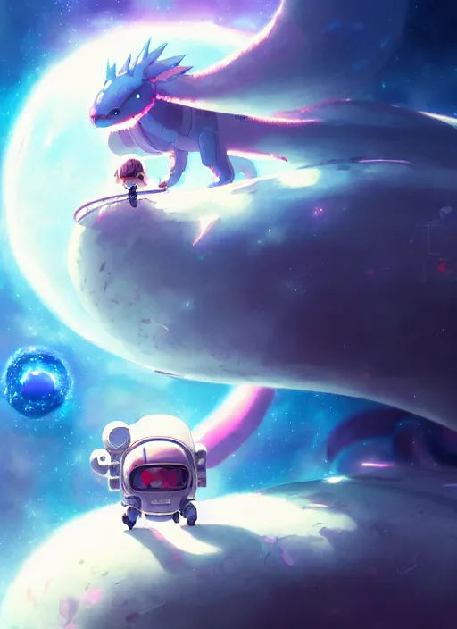 Image similar to portrait of cute kawaii astronaut android riding a neonpunk kaiju dragon, nebulous background of dynamic space, a dramatic composition by wlop and greg rutkowski and makoto shinkai and studio ghibli and kyoto animation cute bubbly clothing