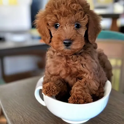 Image similar to very realistic cute light brown poodle puppy sitting inside a tea cup