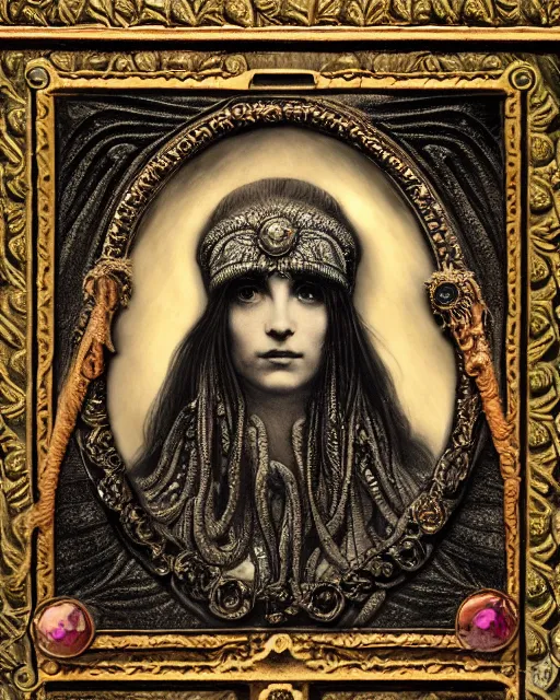 Image similar to daguerreotype hyperrealistic detailed face side portrait of the beautiful cthulhu priestess adorned with curse jewels and ceremonial robes, tintype art by ernst haeckel, john william godward, android jones, alphonso mucha, h. r. giger, gothic - cyberpunk, ornamental, beautiful deep colours, ambrotype