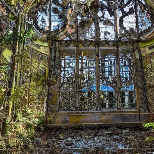 Image similar to abandoned overgrown art nouveau winter garden, epic details