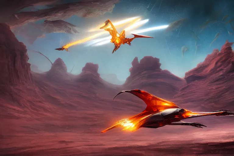 Image similar to a pteranodon mecha fighter zooms through the dark primordial maelstrom void of an HR Giger a painted desert valley, contrails of smoke, nebula and cosmic sky, cinematic lighting, engines blazing robotech mecha styling by Jessica Rossier and John Berkey, cinematic, realistic