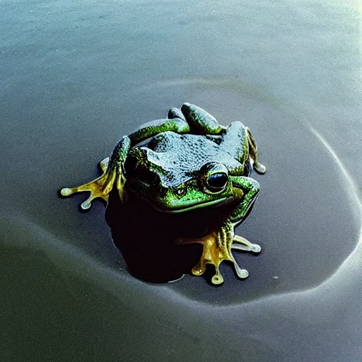 Prompt: “semitranslucent smiling frog amphibian floating over misty lake waters in Jesus Christ pose, low angle, long cinematic shot by Andrei Tarkovsky, paranormal, spiritual, mystical”