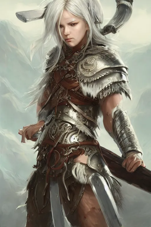 Image similar to A realistic anime portrait of a beautiful white haired female barbarian wearing an intricate viking armor, digital painting, by Stanley Artgerm Lau, Sakimichan, WLOP and Rossdraws, digital painting, painterly, Pixiv, Deviantart, golden ratio, rule of thirds, good composition, HD, 8k, award winning, promo art, splash art, rpg, jrpg, dungeons and dragons, DND, trending on ArtStation