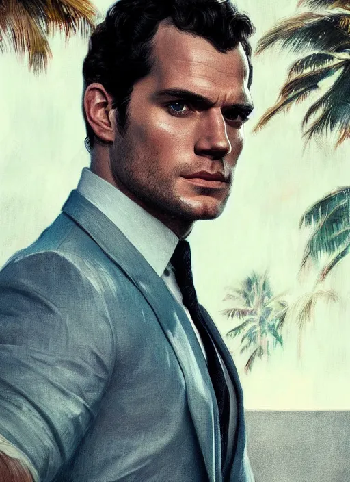 Image similar to portrait of henry cavill as james bond, key art, palm trees, vintage aston martin, highly detailed, digital painting, artstation, concept art, cinematic lighting, sharp focus, illustration, by gaston bussiere alphonse mucha