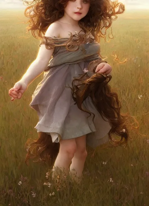 Prompt: A cute little girl with shoulder length curly brown hair. She is standing in a field at night looking up and the sky is filled with constellations. beautiful fantasy art by By Artgerm and Greg Rutkowski and Alphonse Mucha, trending on artstation.