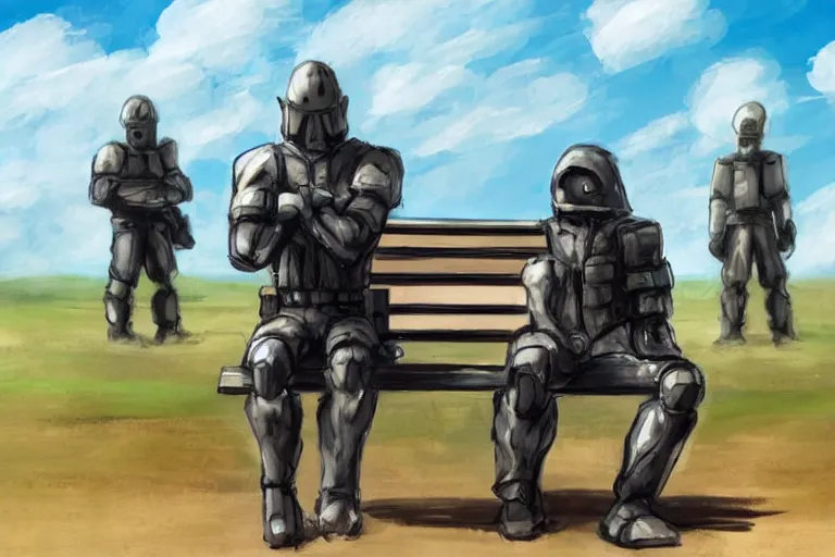 Image similar to an android soldier sits on a bench as a battle rages behind him, sad, hunched shoulders, blue skies, sunny day, concept art