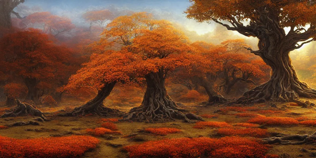 Prompt: Fantastical open landscape by Ted Nasmith, giant world tree, roots, amber, autumn, digital painting, concept art, landscape