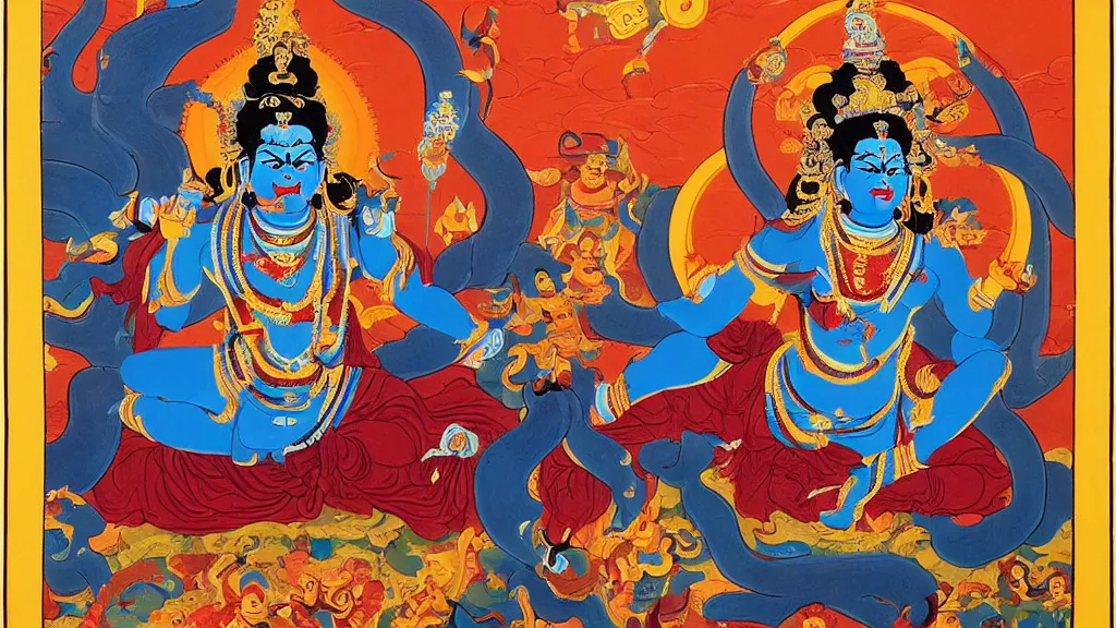 Image similar to philosopher nietzsche as mahakali fierce buddhist deity, in the style of tibetan thanka painting