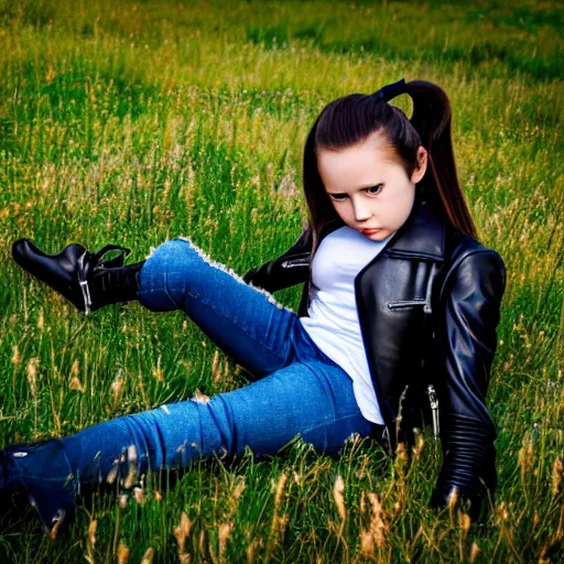 Image similar to young girl lies on a meadow, she has 2 pony tails and wears leather jacket, jeans and knee high black boots, sharp focus, photo taken by nikon, 4 k,