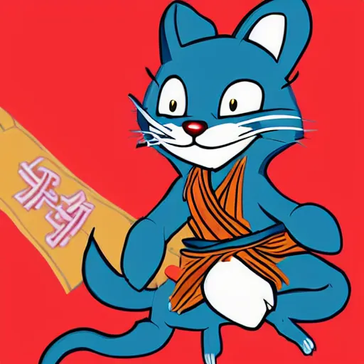 Prompt: ninja wearing asian fox mask, in the style of Tom and Jerry cartoon