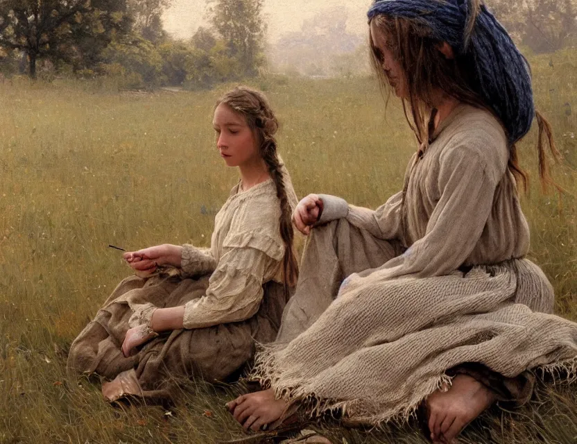 Prompt: peasant girl with long braids sits and knits from yarn, cottage core, cinematic focus, polaroid photo, vintage, neutral colors, soft lights, foggy, by steve hanks, by serov valentin, by lisa yuskavage, by andrei tarkovsky, by terrence malick, 8 k render, detailed, oil on canvas