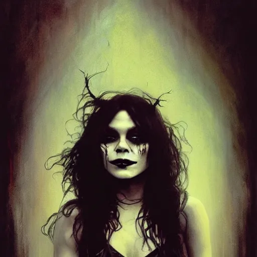 Image similar to beautiful portrait of vanessa hudgens as death from sandman, smiling, by cedric peyravernay, alphonse mucha, by jeremy mann, by lecouffe deharme, goth chic, soft lightning, eyeliner, punk rock, high detailed, 8 k