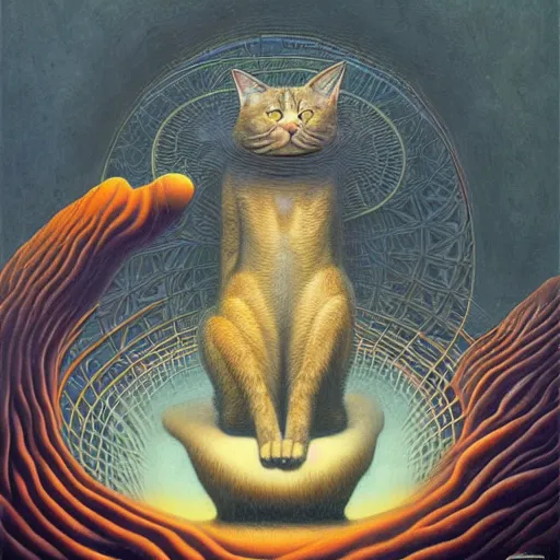 Image similar to a cat having an ego trip, by alex grey, by Esao Andrews and Karol Bak and Zdzislaw Beksinski and Zdzisław Beksiński, trending on ArtStation