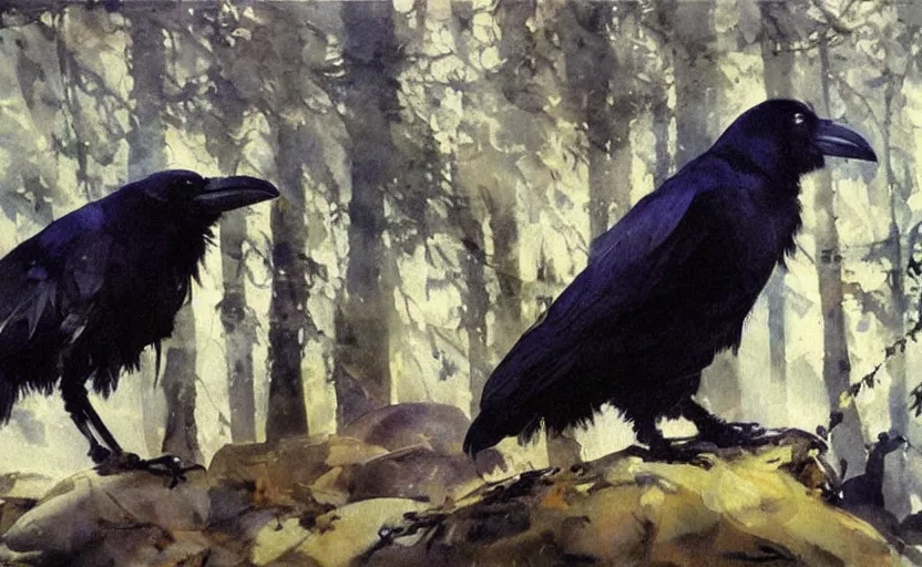 Image similar to oil painting by anders zorn, raven in forest, very very very very beautiful art, dramatic light, strong shadows, shiny blue black feathers, amber eyes, glowing