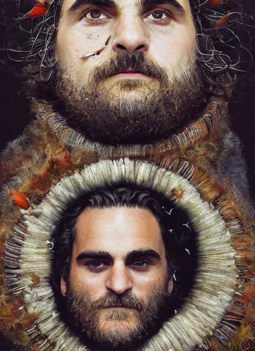 Image similar to a hyper detailed painting of joaquin phoenix surrounded by animals, cow horns, pig nose, sheep wool, chicken feather armor, horror, by anna podedworna, by miklos ligeti, by diego maricato, by taran fiddler, by antonino truisi, by chris reddie, by jinsung lim, trending on artstation