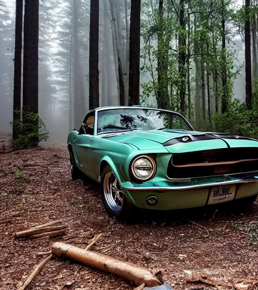 Prompt: 69 shelby mustang abandoned in a forest, fog, rural, damage, nature