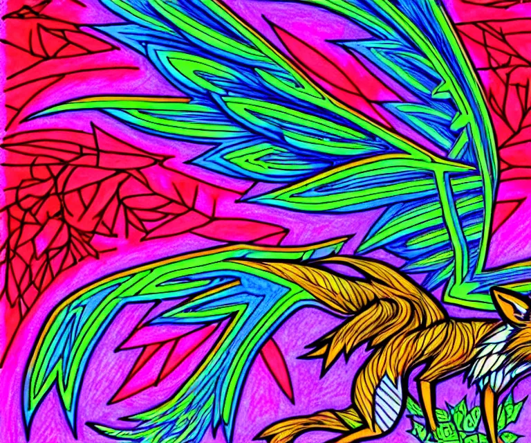 Prompt: An absurdly-detailed Winged-Fox suspended in thorny vines, colored-pen drawing. a vibrant fantasy painting in neon geometric inks, by Ron Spencer and Carl Critchlow and Thomas Cole