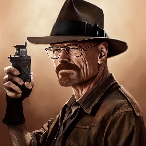 Image similar to walter white as indiana jones, digital painting, extremely detailed, 4 k, intricate, brush strokes, mark arian, artgerm, bastien lecouffe - deharme