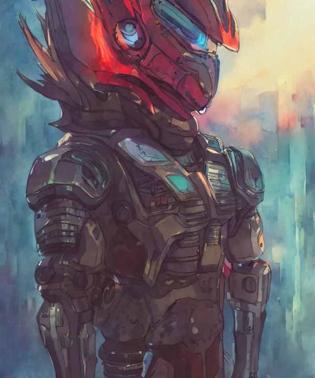 Image similar to a watercolor painting full body character portrait of a cyborg super saiyan knight in the style of cyberpunk in the style of moebius trending on artstation deviantart pinterest detailed realistic hd 8 k high resolution