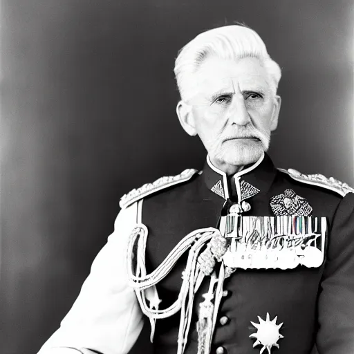 Image similar to his majesty the king, a gruff man in his late 8 0 s with a stern look and flowing white hair, his military uniform filled with medals, black and white photography, kodak retina i, 3 5 mm, photo taken 1 9 3 3