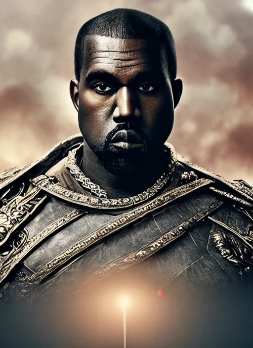 Image similar to kanye west as emperor napoleon in elden ring, splash art, movie still, cinematic lighting, dramatic, octane render, long lens, shallow depth of field, bokeh, anamorphic lens flare, 8 k, hyper detailed, 3 5 mm film grain