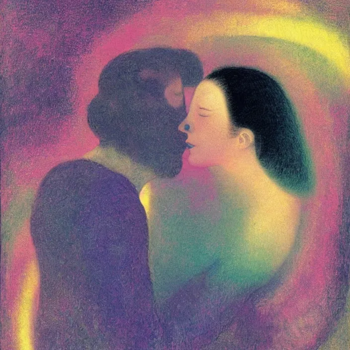 Prompt: close portrait of woman and man kissing. aurora borealis. iridescent, psychedelic colors. painting by balthus, agnes pelton, utamaro, monet