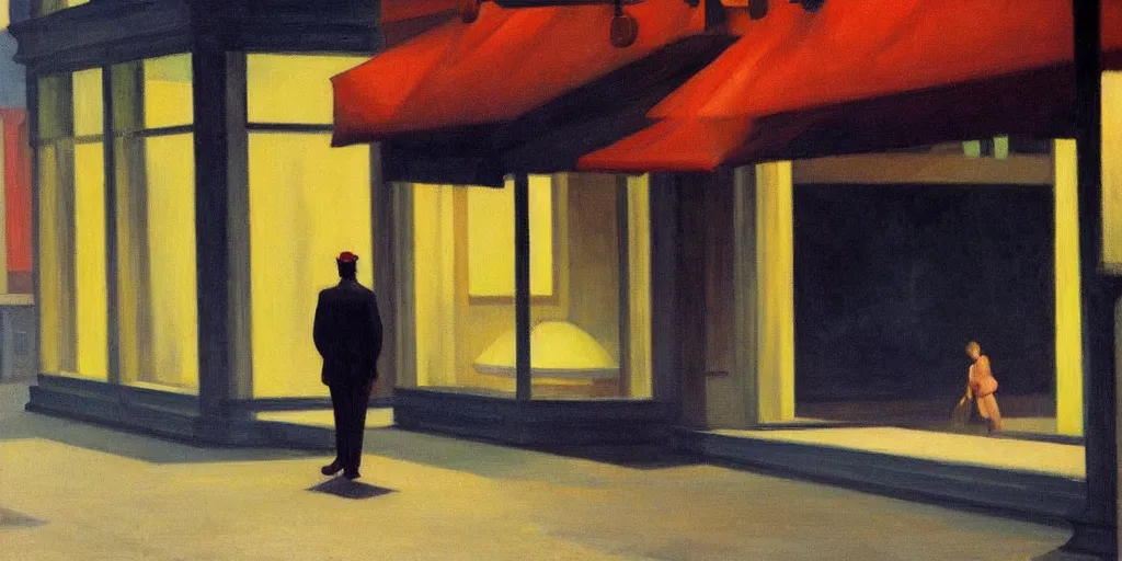 Image similar to a Edward Hopper painting of a bussiness walking alone in a empty street at night