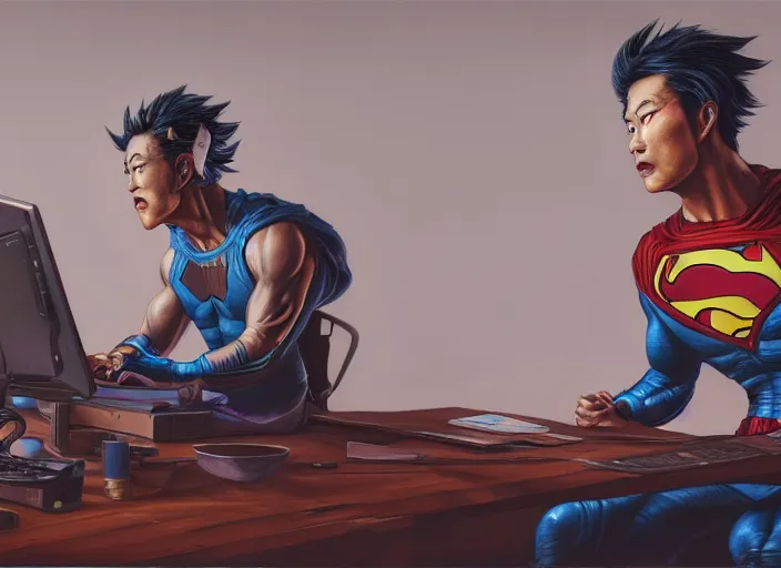 Image similar to an insanely detailed painting of an asian man wearing a homemade superhero costume, sitting at a desk, staring seriously at the computer and typing, in the style of peter mohrbacher, james jean, artgerm, dramatic lighting and composition, surreal background, octane render, pixar, trending on artstation, concept art, comic book, view from behind, 8 k