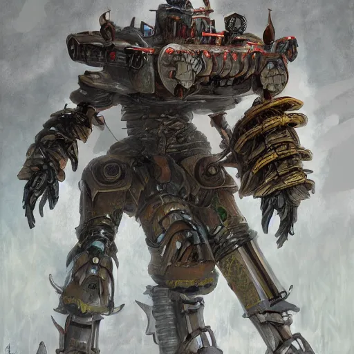 Image similar to portrait concept painting of a rampaging ashigaru mecha war construct, destroying a small village fantasy painting, dungeons and dragons, magic the gathering art, of bamboo, laquer and steel, steampunk - inspired by brian froud and greg rutkowski and jessica rossier