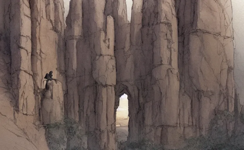 Image similar to a hyperrealist watercolor concept art of a medieval monk in grey robes in monument valley looking through a small rock arch at a castle from an alien world. very muted colors, by rebecca guay, michael kaluta, charles vess. high detail, hq, wide shot, 4 k
