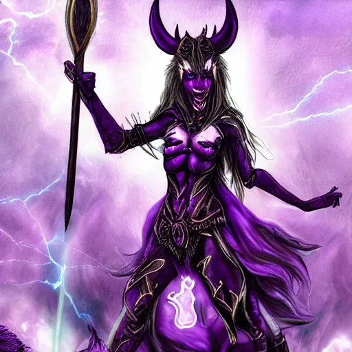 Prompt: transdimensional purple anthropomorphic female wolf demoness, wearing viking garments and wielding the power of lightning. The wolf has a horn on her head