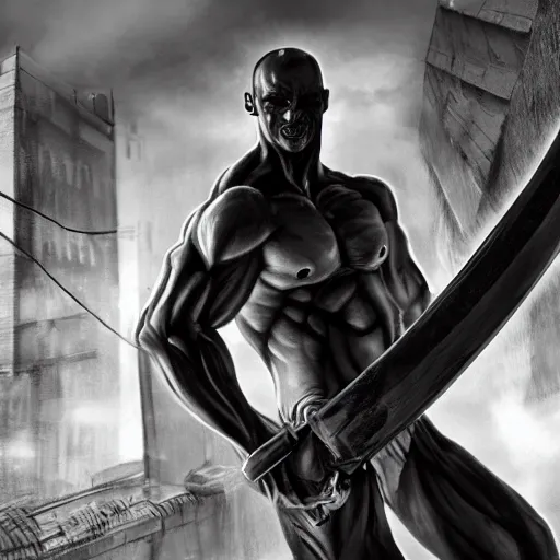 Prompt: black and white muscular demon man holding bayonet knife exploring urban environment, concept art trending on art station 4k award-winning unreal engine