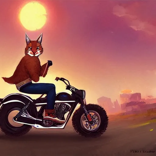 Prompt: cute fluffy caracal riding a harley motorcycle, road, sunset. adventurous, atmospheric lighting, stunning. by ted nasmith, makoto shinkai, rossdraws, james jean, andrei riabovitchev, marc simonetti, krenz cushart, trendig on artstation, digital art