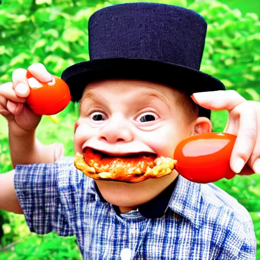 Image similar to stock photo of a small man eating heinz beans out of a bowler hat