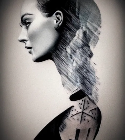 Image similar to tattoo design sketch double exposure of margot robbie with beautiful mountain scenery mash up, in the style of arlo dicristina, surrealist, amazing detail, sharp