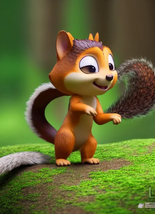 Image similar to squirrel as nendoroid walking in the woods in the croods movie style, anime, disney, pixar, 8 k, hd, dof, kodak film, volumetric lighting, subsurface scattering, photorealistic, octane render, details