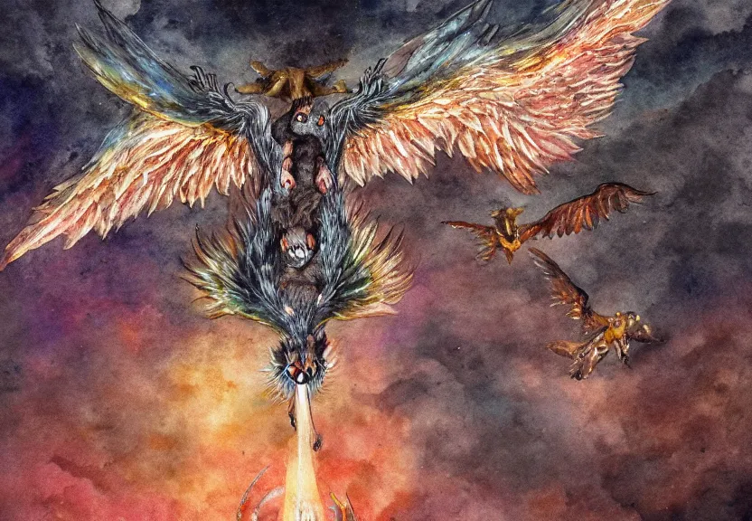 Image similar to legendary fire winged possum flying over a medieval castle under the dark starred sky, dark fantasy, watercolor, dreaming illusion, highly detailed, 4k, trending on Artstation, award-winning